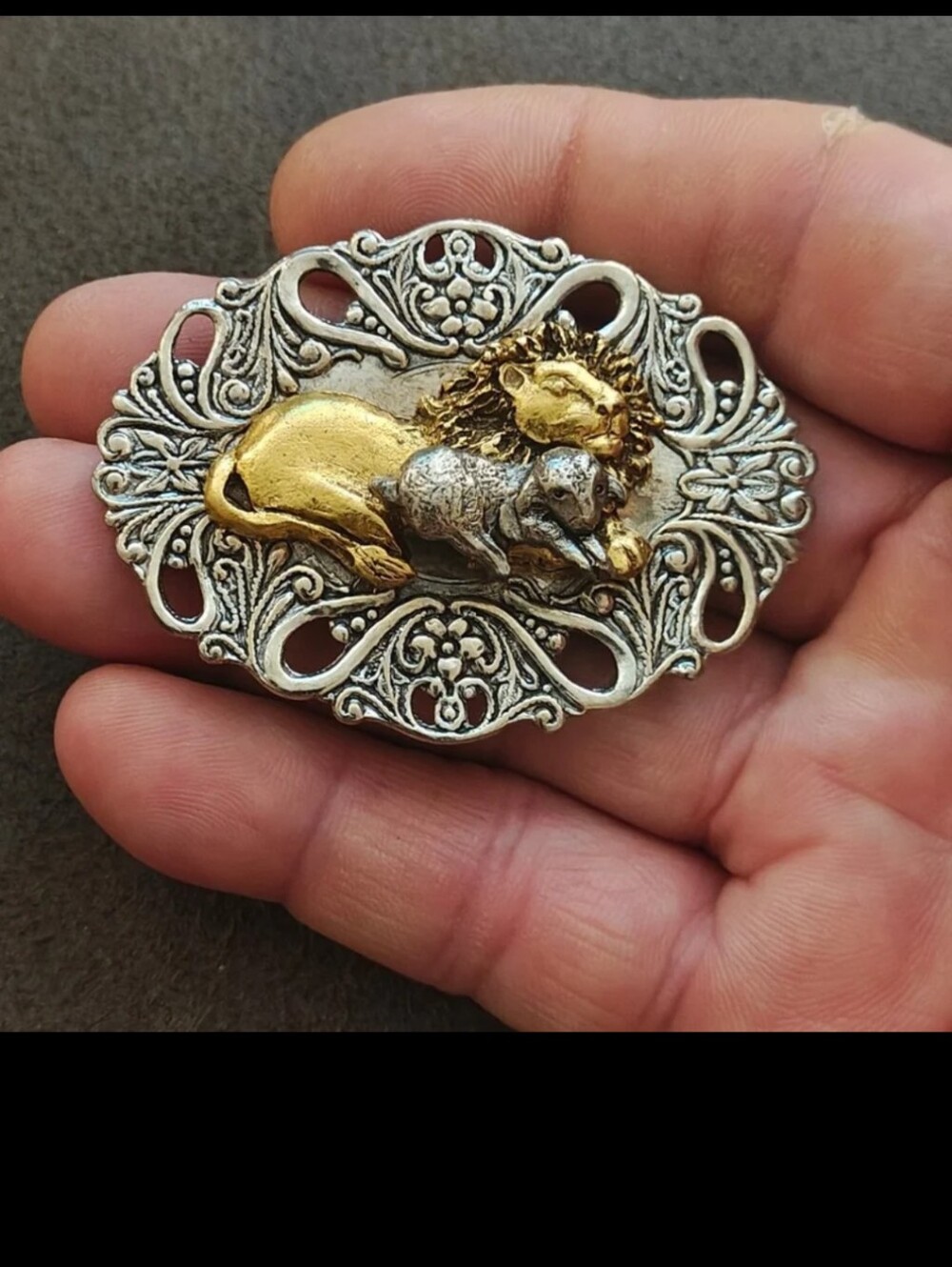 Vintage Style Biblical Lion & The Lamb Two Tone Openwork Filigree Brooch.